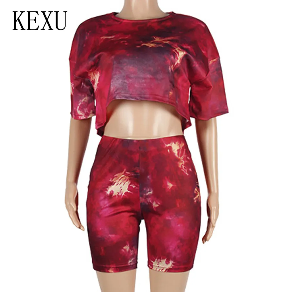 KEXU 2 Pieces Sets Women Casual Vintage O Neck Crop Top and Short Pants Sexy Summer Leisure Tracksuit Women Conjunto Feminino KEXU 2 Pieces Sets Women Casual Vintage O Neck Crop Top and Short Pants Sexy Summer Leisure Tracksuit Women Conjunto Feminino