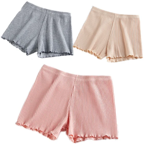 3pcs/lot Women Girls Summer Safety Pants Thread Ribbed Striped Seamless Stretchy Underpants Solid Color Ruffled Hem Boxer Shorts - Цвет: Grey Skin Pink