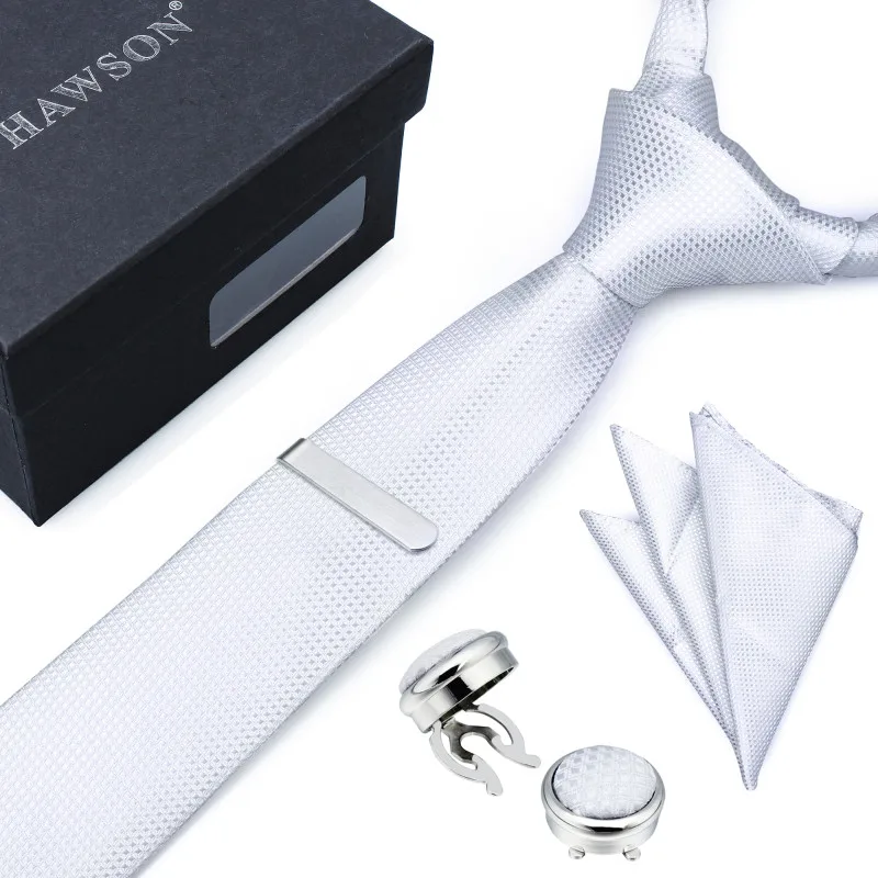 

Hawson High Quality White Necktie Set with Pocket Square Tie Clip and Button Cover Cufflinks for Business Wedding Party