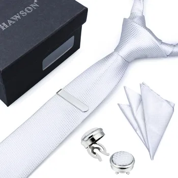 

Hawson High Quality White Necktie Set with Pocket Square Tie Clip and Button Cover Cufflinks for Business Wedding Party
