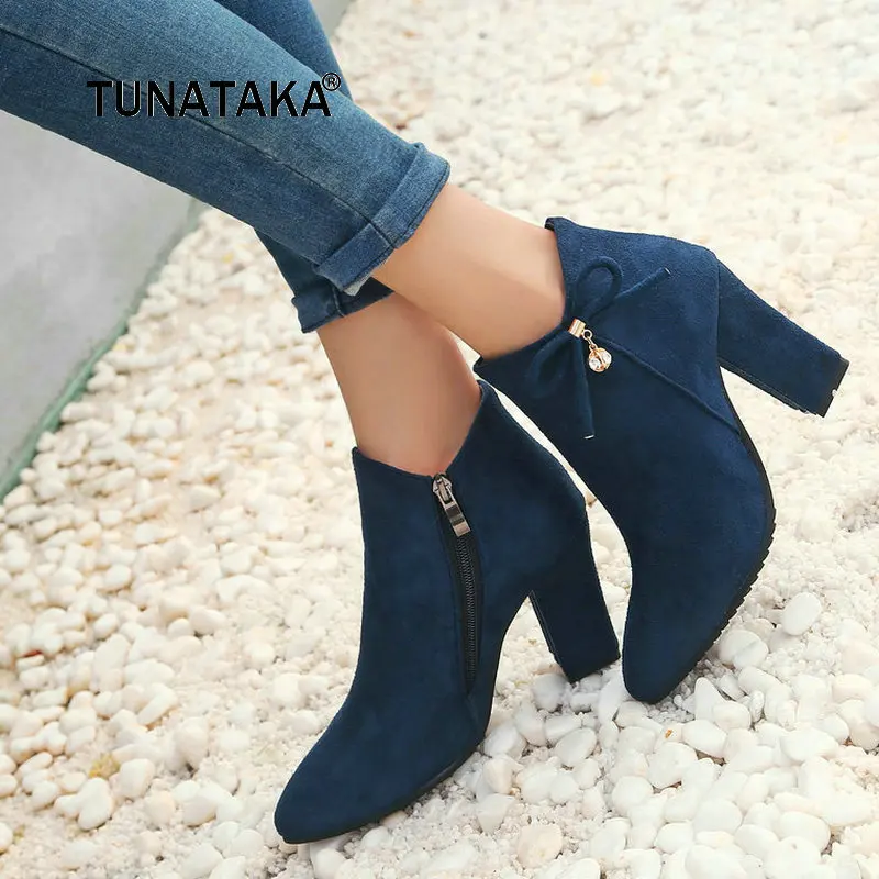 Beste Vrouwen Flock Dikke Hoge Hak Zijrits Enkellaarsjes Leuke Boog Knoop Puntschoen Winter Schoenen Zwart Rood Blauw