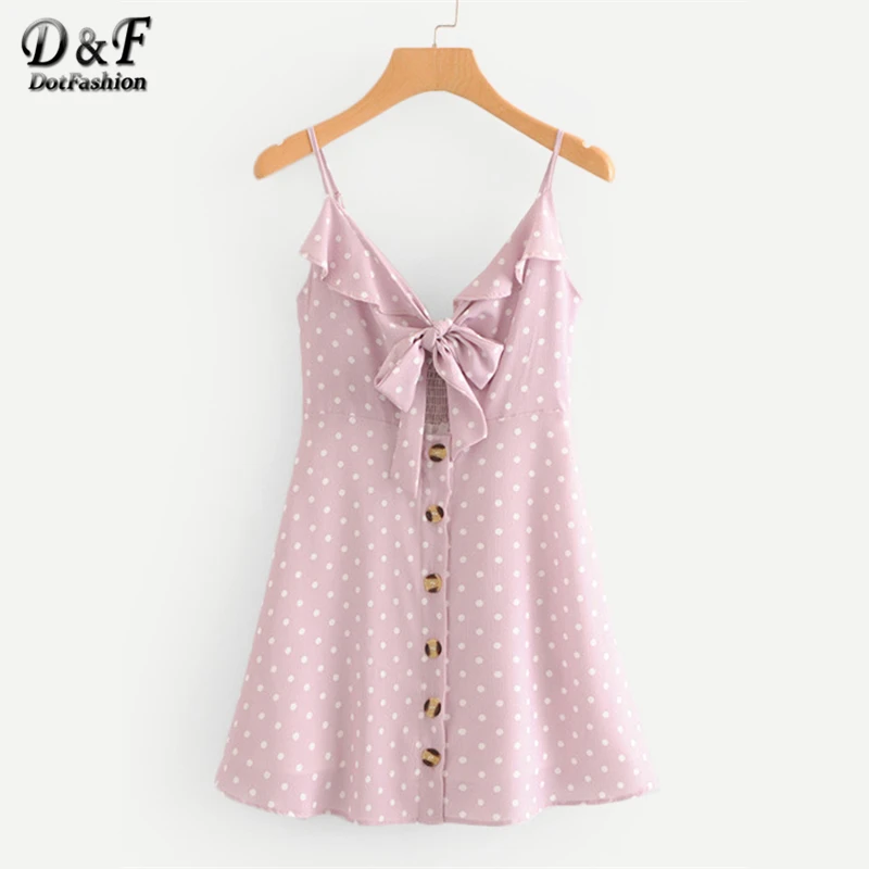 

Dotfashion Polka Dot Button Ruffle Trim Knot Front Spot Cami Pink Dress Summer Women Casual Off the Shoulder Sleeveless Dress