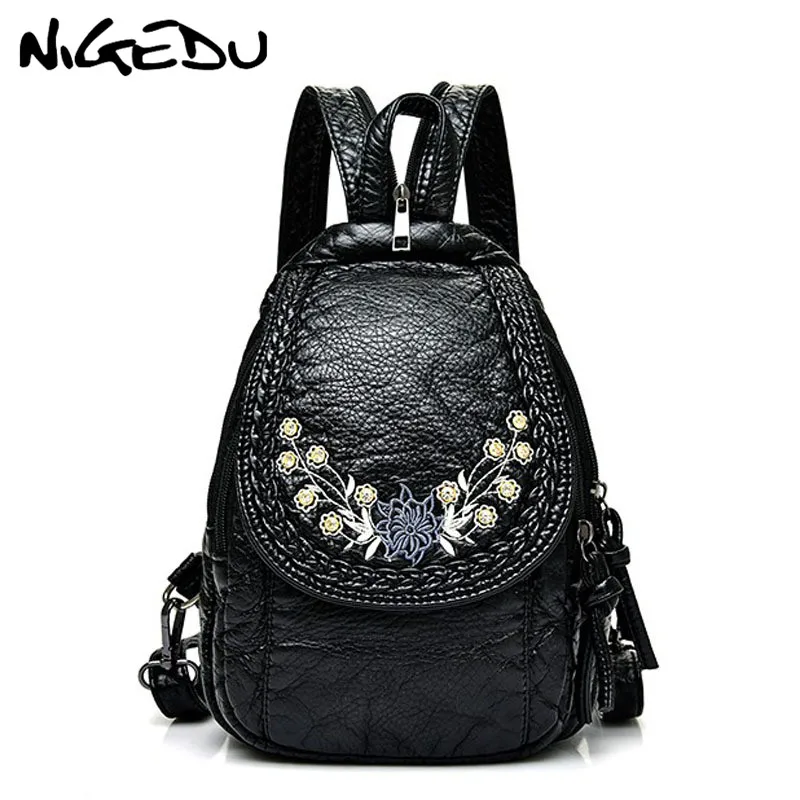 

Embroidery Flowers Women Backpack Small Soft Pu Leather Backpacks For Girls Teenagers Female Shoulder Bag Chest Pack Black bolsa