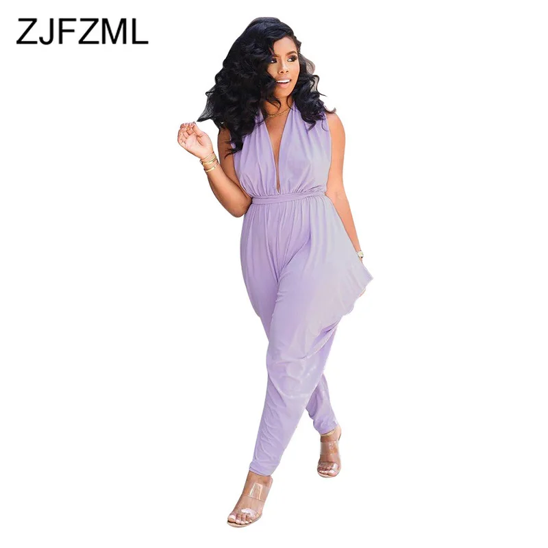 

High Waist Sexy Romper Women Jumpsuit Summer DeepV Neck Sleeveless One Piece Overall Casual Purple Backless Club Party Bodysuit