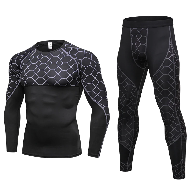 2018 New Arrival 2PCS Men Compression Running Sets Tracksuit Men's Grid Quick Dry Gym Fitness Sport Shirts And Pants Sportswear | Спорт и