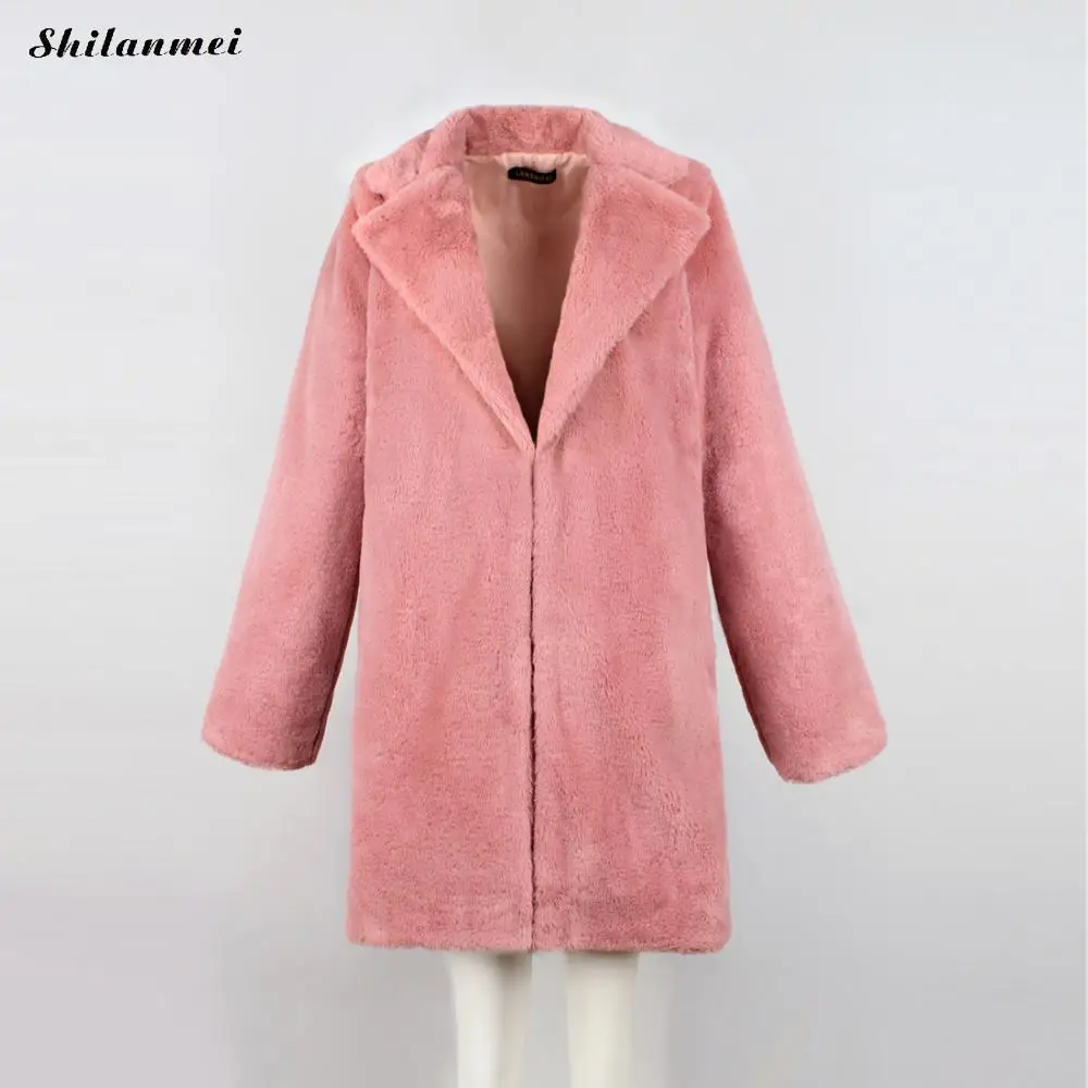 Женское пальто из искусственного меха, утолщенная теплая женская верхняя одежда из искусственного меха для осени и зимы, модные куртки, однотонное черное пальто из мягкой ткани 3xl - Цвет: skin pink