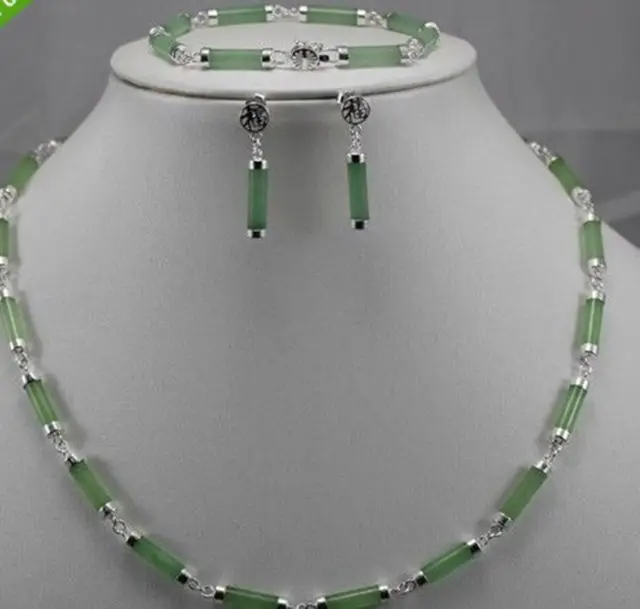 

Free shipping New design - natural green jade silver link necklace earrings set