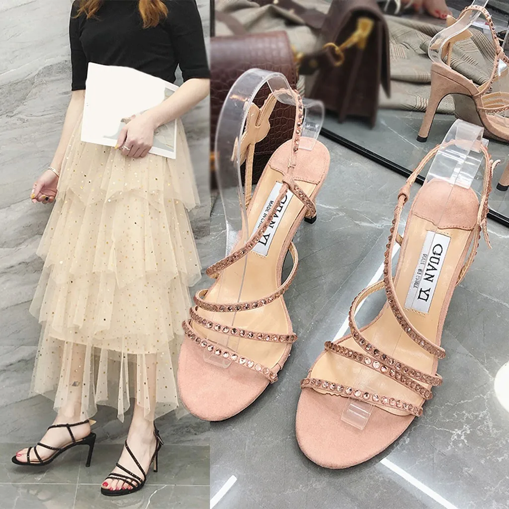 

Thin Heels Women Pumps Ankle Cross Strap Sandals Shoes Woman Ladies Pointed Toe High Heels Dress Party Shoes Rhinestone Zapatos