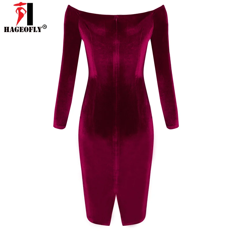 HAGEOFLY 2018 Autumn New Long Sleeve Vestidos Fashion Women Party Runway Dress Sexy V Neck Off Shoulder Club Midi Velvet Dress