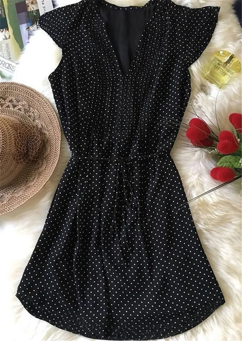 

Mini Dress Women 2019 Summer Drawstring Dress Fashion Dot V-Neck Dress Polka Dot Mini Dresses Female vestidos