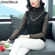 Новинка г. осенние Для женщин высокое уличный стиль Свободные Водолазка с длинным рукавом Bling сетки лоскутное черная футболка женский под рубашки