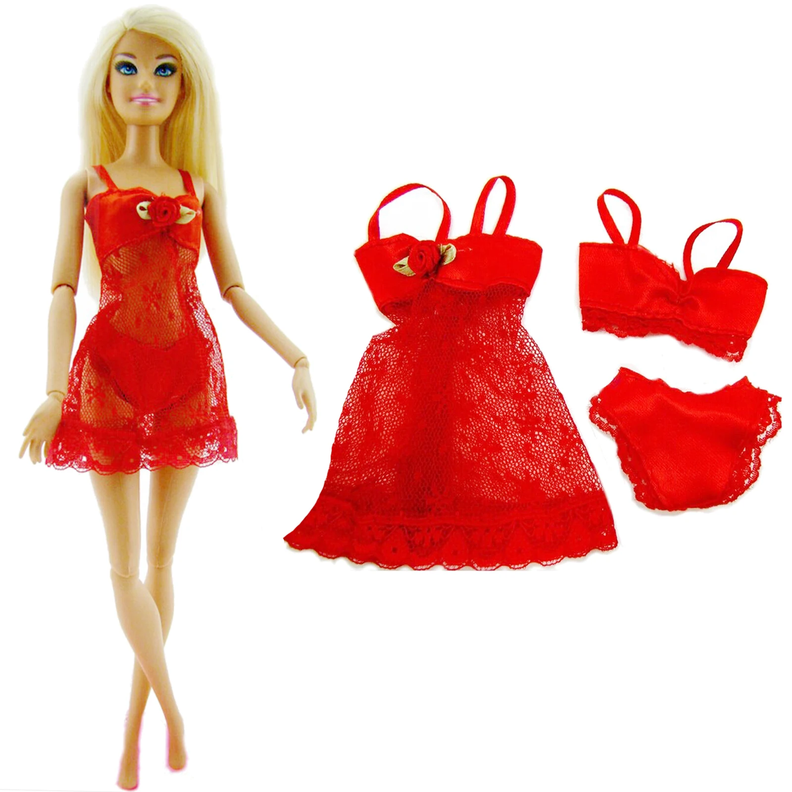 3 Pcs =1 Set Sexy Pajamas Lingerie Lace Costumes+ Bra+ Underwear Dress Clothes for Barbie Doll Clothes Accessories Girl Toy