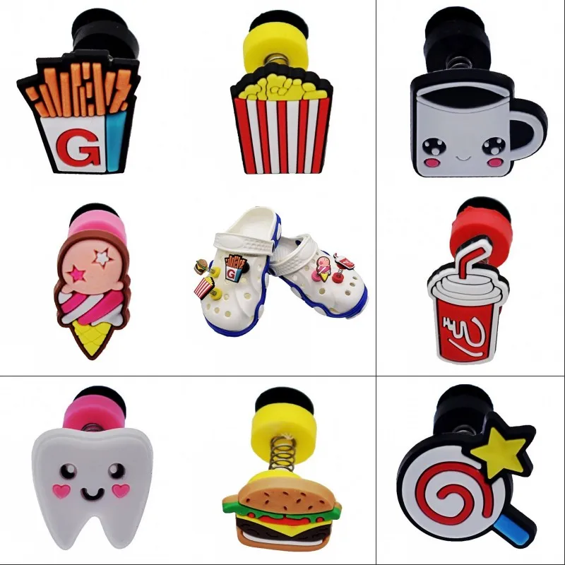 

8PCS/Set Kids Favor Toys Gifts Fast Food Hamburger Cola Ice Cream Shaking Croc Charms Noding Sandals Decorations