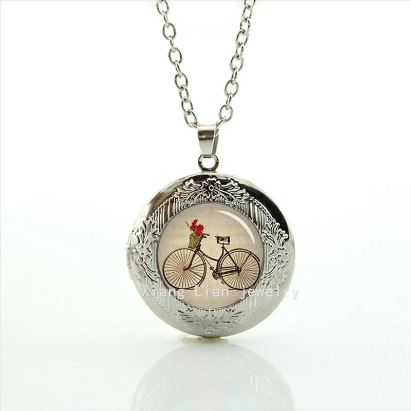 Vintage bicycle Silver plated locket necklace Antique bike men and