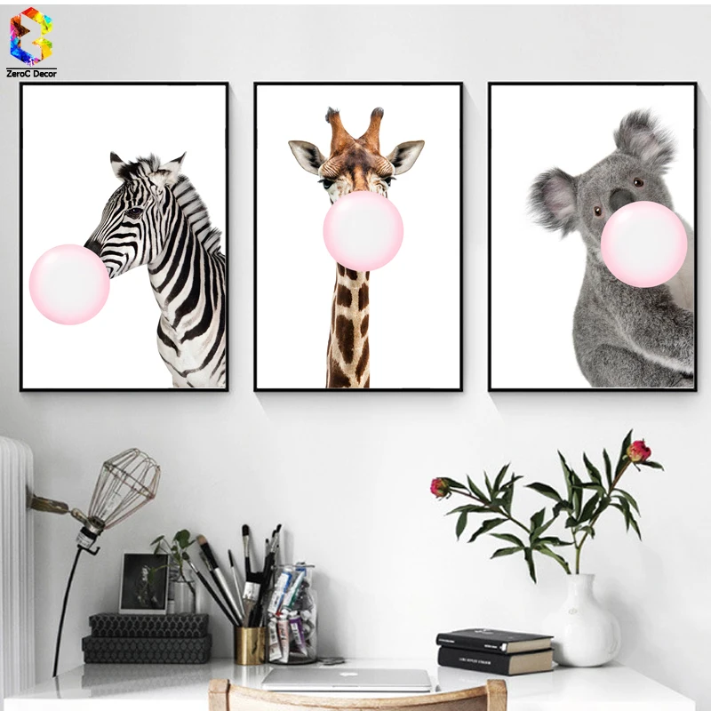 

ZeroC Kawaii Bubble Painting of Giraffe Canvas Art Print Poster, Zebra Wall Picture for Living Room Decoration Koala Home decor