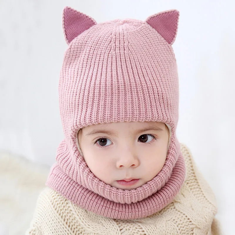 Новая детская шапка с кошачьими ушками, детские вязаные шапочки, шарф, Зимняя Теплая Бархатная шапка для мальчиков и девочек, шарф, уличная ветрозащитная для детей - Цвет: pink