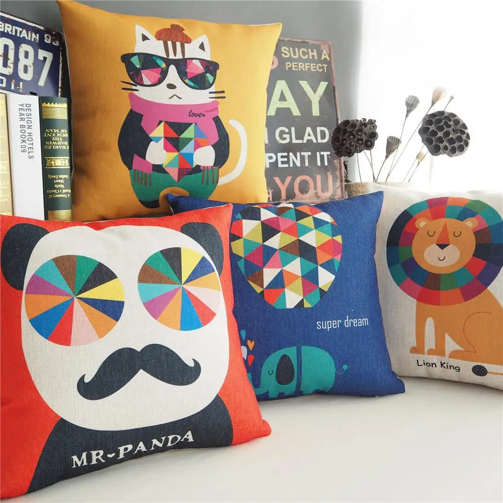 Cartoon Animal Park pillow cover, Panda Lion cat Elephant Pillow cushion cover,Linen pillow case,home decorative sofa Pillows