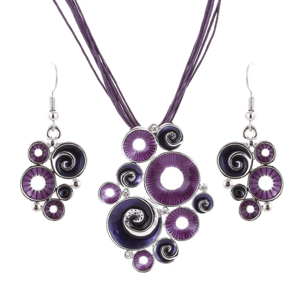 

Tribal Wedding Jewelry Sets Purple Enamel Stone Circle Hollow Pendants Necklace And Long Silver Plated Dangle Drop Earrings