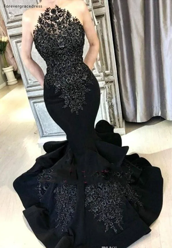Gorgeous Black Emorbidery Applique Prom Dresses Mermaid Sheer Neck Trumpet Layer Ruffle Skirt Long Evening Gowns Formal BC1690  169 (1)