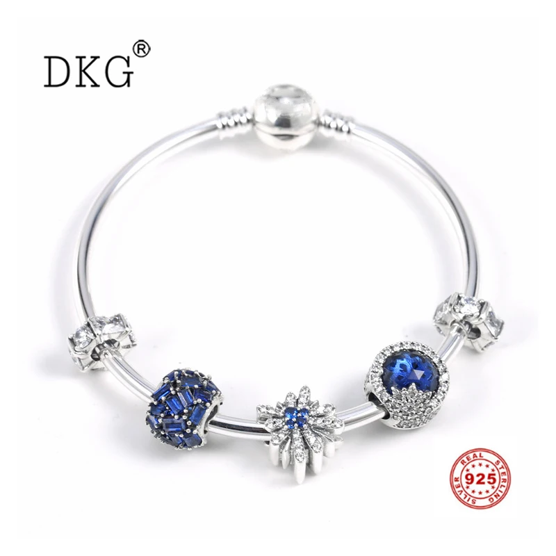 

925 Sterling Silver Dazzling Fireworks Blue Chiselled Elegance Ice Sculpture Spacer Charm Bead DIY Bracelet Set Women Jewelry