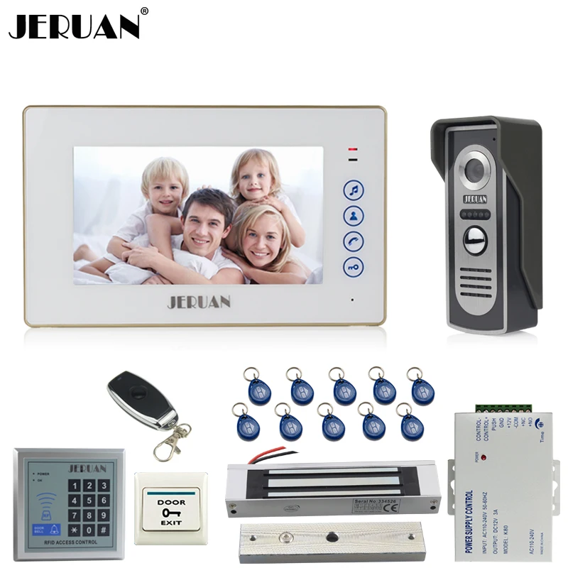 

JERUAN 7 inch Video Door phone Intercom System kit 1 White Touch Key Monitor 700TVL IR COMS Camera RFID Access Controller