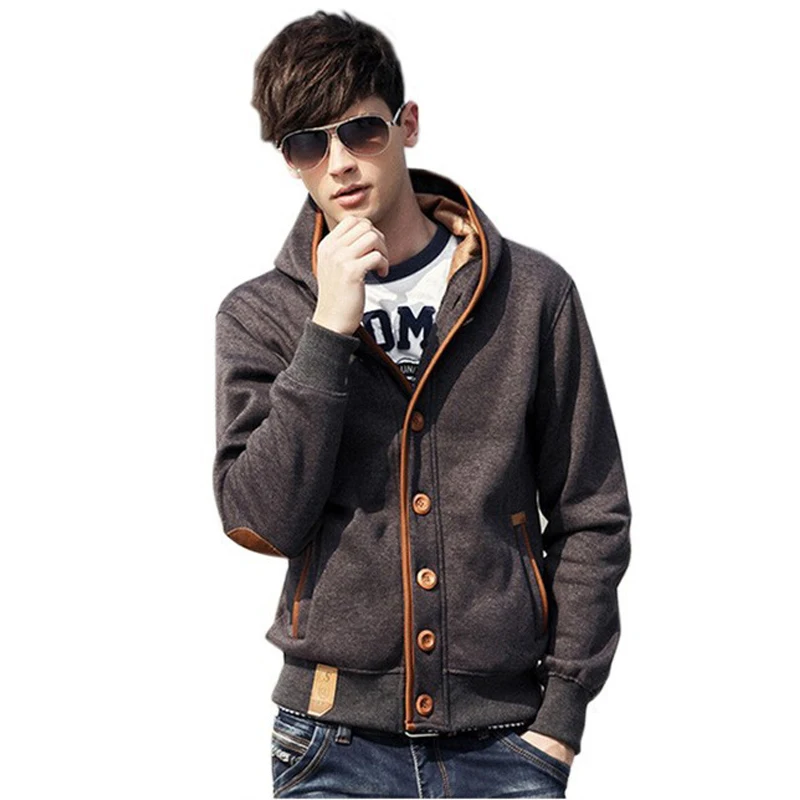 Fleece Elbow Patch Single Breasted Hooded Jacket Coat 2015