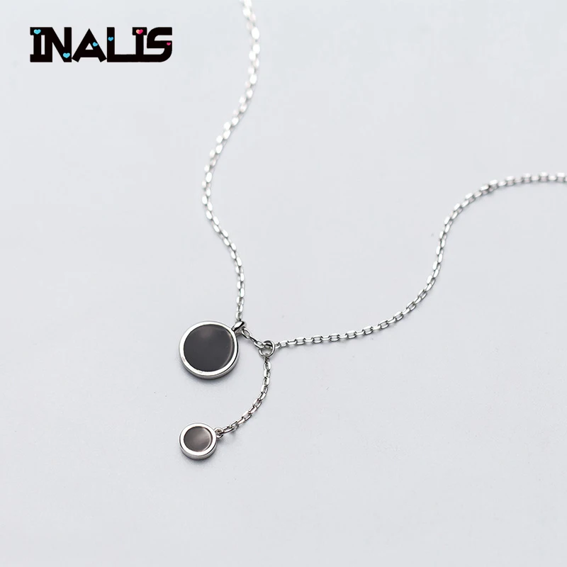 

INALIS New Korea Style Necklace with Chain S925 Sterling Silver 2pcs Round Black Epoxy Pendant for Women Wedding Party Jewelry