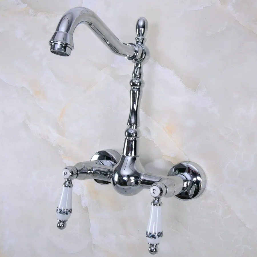 Polished Chrome Brass Wall Mounted Double Ceramic Handles Levers Bathroom Kitchen Sink Faucet Mixer Tap Swivel Spout anf958