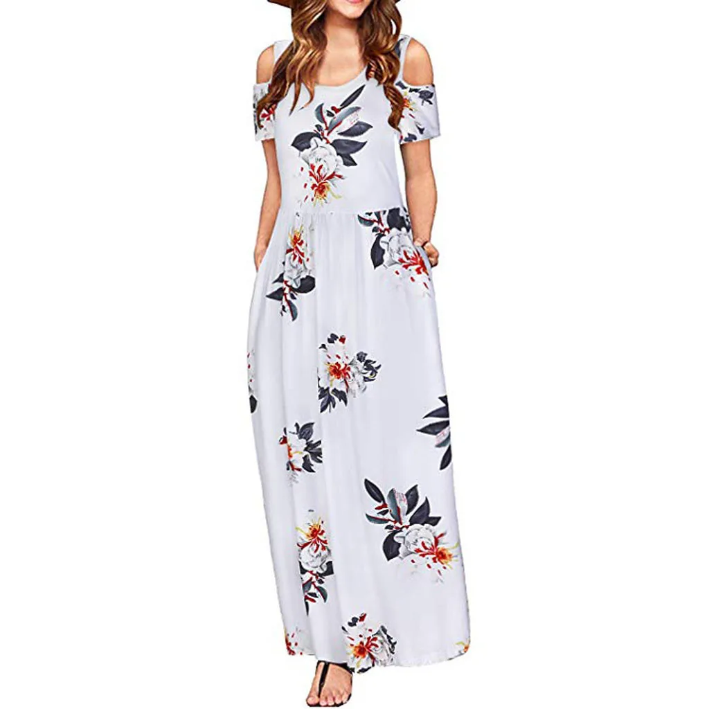 

2019 Summer Women Beach Dress Sundress Polyester White Off Shoulder Floral Print Elegant Maxi Long Dress Pocket Dress L614
