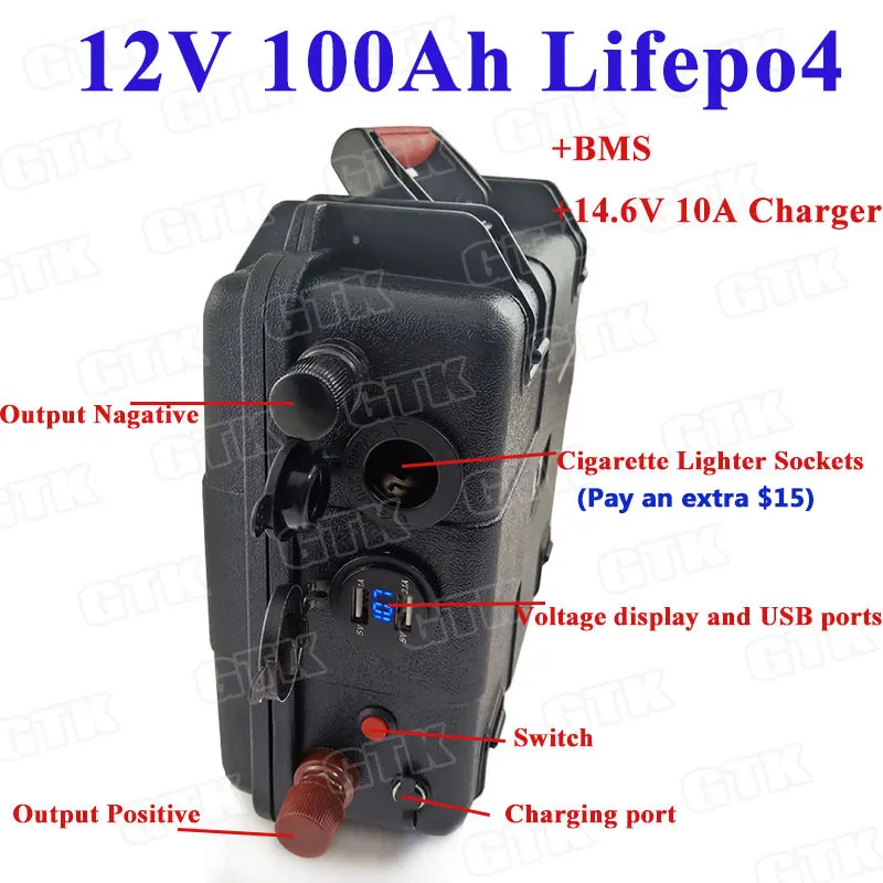 Waterproof 12V 100Ah LiFepo4 lithium battery pack with cigarette
