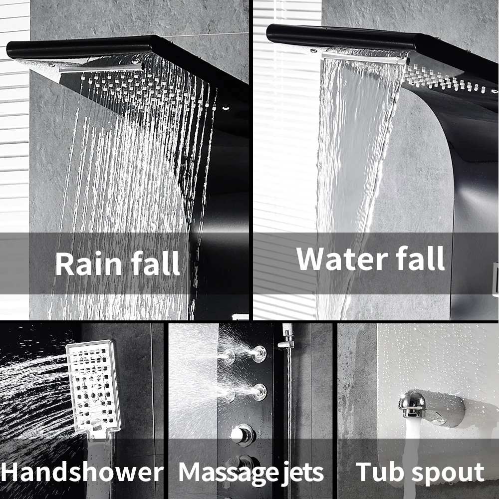 Настенная душевая панель из нержавеющей стали, 4 функции, водопад, дождевые массажные струи, душевой набор с ручкой, светодиодный душ
