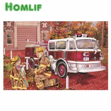 На заказ Алмазная картина Полная площадь/Круглый Мультфильм пожарный и автомобиль девушка eigen foto икона Алмазная вышивка аксессуары eekhoorn