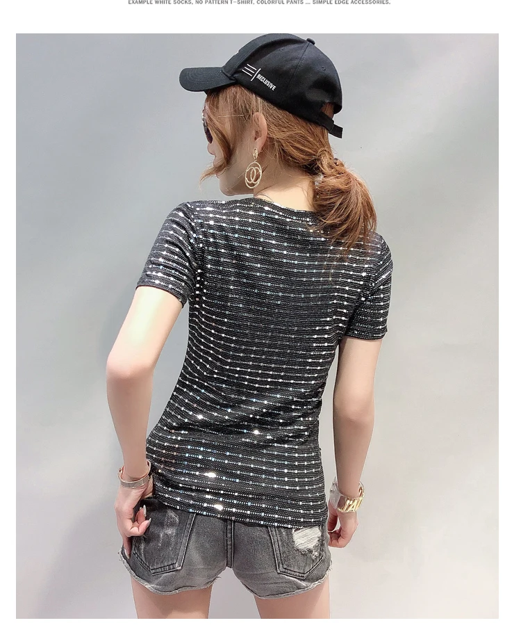 Fashion Sequins Pearl Hot Stamping V-Neck Tshirt New Summer Women Short Sleeve Striped Top Shirt Camiseta Mujer Gold T96610