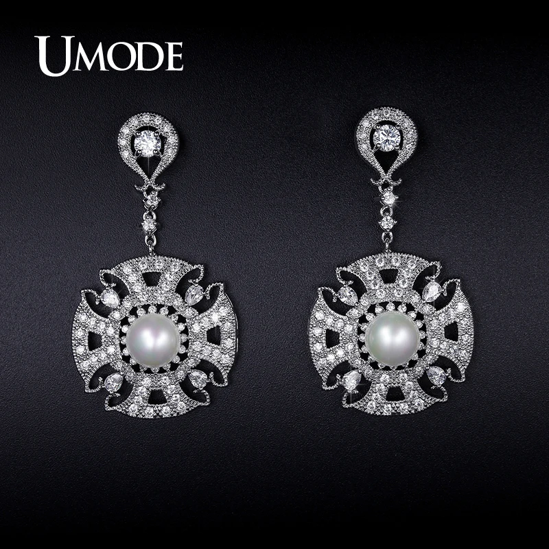 font b UMODE b font Synthetic Pearl Simulated Diamond Mismatched Dangle font b Earrings b