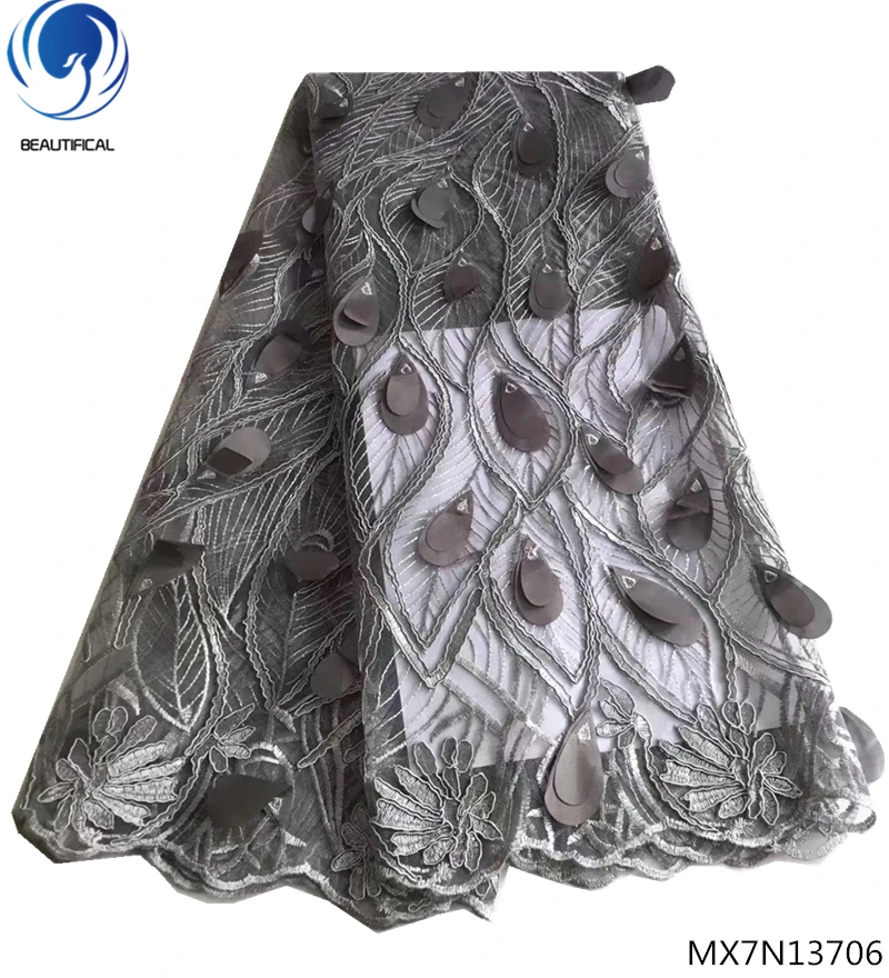 

Beautifical grey african lace 2019 lace fabric for wedding nigeria lace fabric 5 yards/piece embroidered nigeria fabric MX7N137