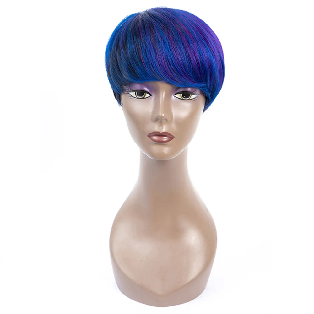 

Short Mix P1b Purple/Blue/99j Colored Human Hair Wigs With Bangs 100% Brazilian Remy Hair Extension Afro Human Hair Wig