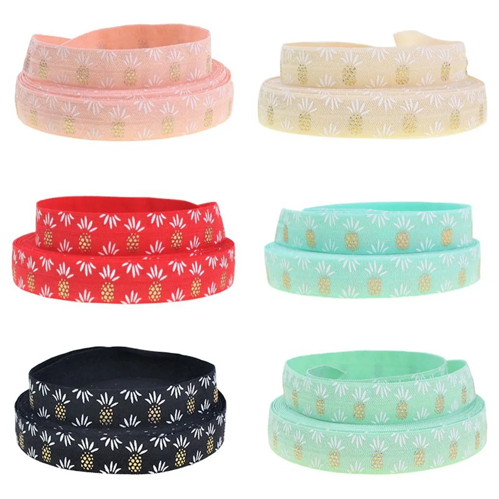 

10Yard per lot 5/8" gold foil pineapple printed foe elastic for Hair Tie Headwear summer Hair Accessories
