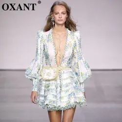 OXANT Printed A-Line Платья Для женщин с v-образным вырезом и длинным рукавом сексуальное мини-платье Женская мода элегантная одежда 2019 лето-осень