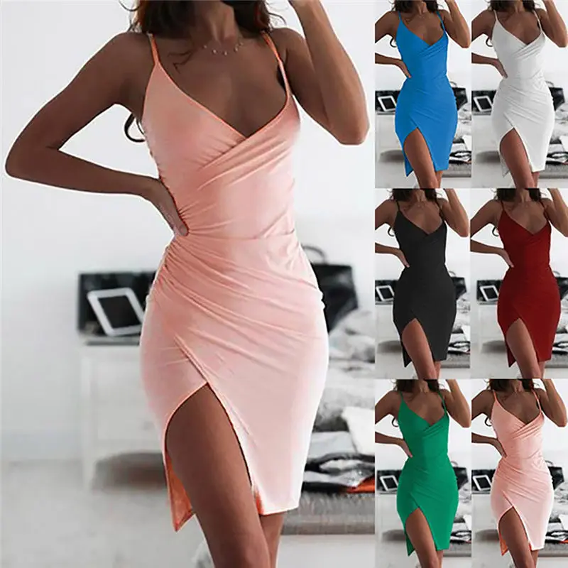 

Women's Summer Fashion Sexy Halter Dress Mini Dress V-neck Sling Slim Dress for Woman vestidos Sexy Bodycon Solid Dress femme