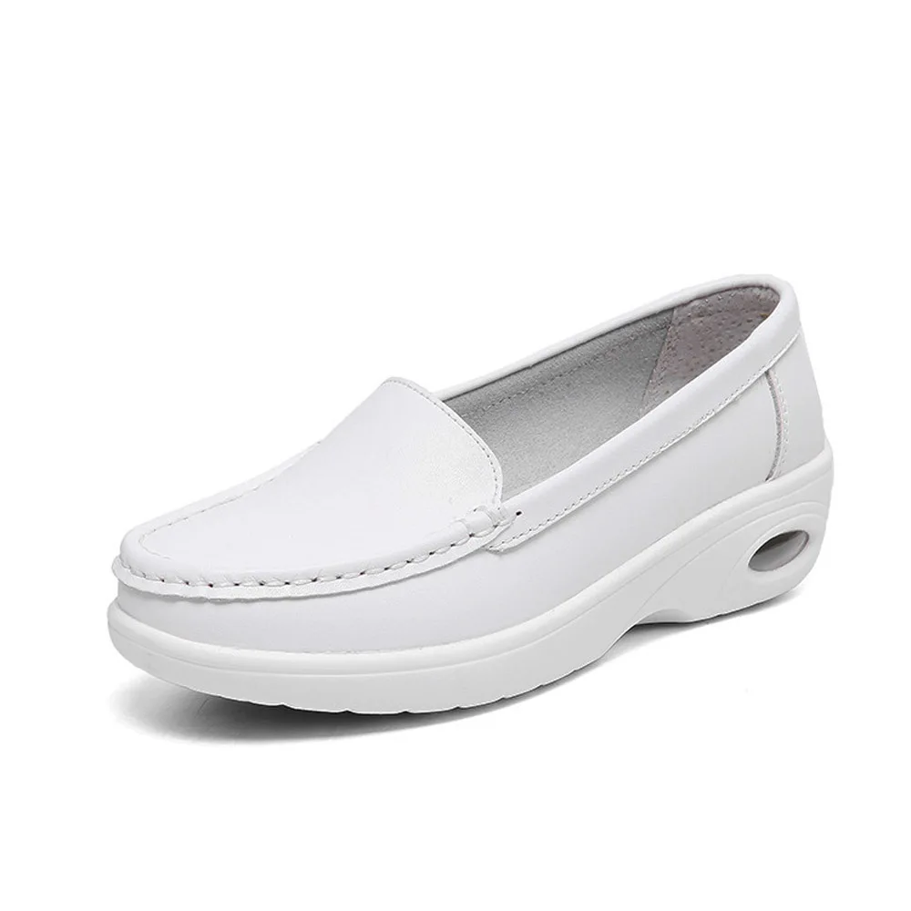 Woman white genuine split leather nurse shoes slip on air cushion flat ...