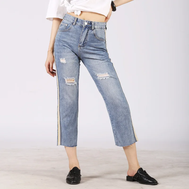 Plus Size 2018 New Calf Length Jeans Women Ripped Jeans Raw Side Thin