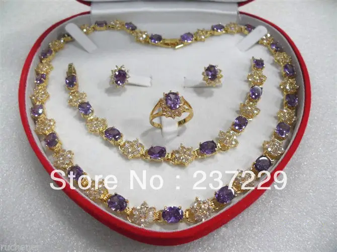 

DD Wholesale price FREE SHIPPING women's jewelry amethyst yellow gold Necklace Bracelet Earring Ring