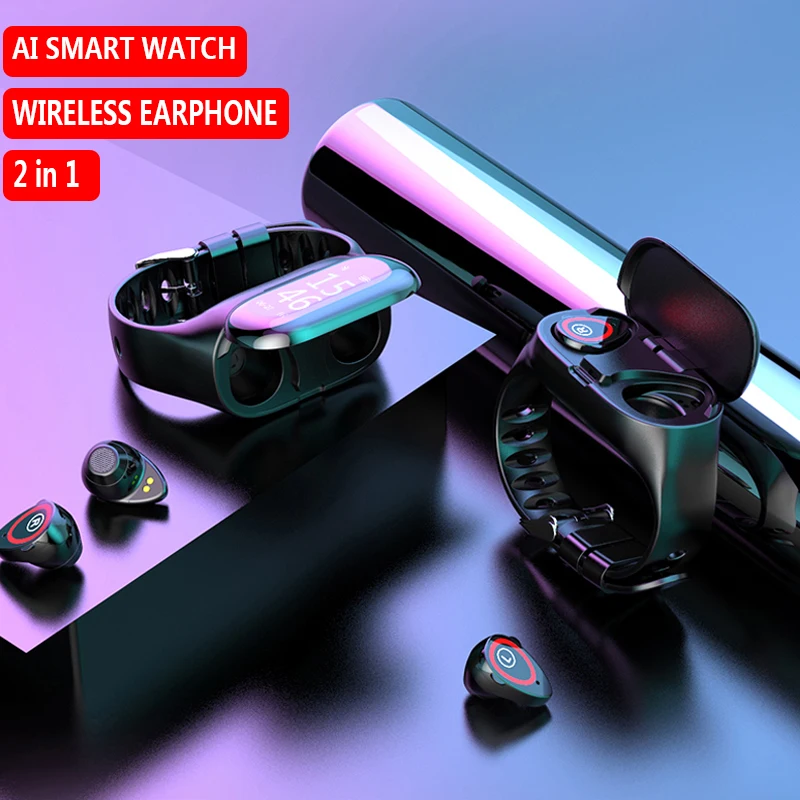 

Smart Watch with Heart Rate Monitor True Wireless Stereo TWS Sports Earbuds Bluetooth 5.0 Wireless Headphones for Iphone Samsung