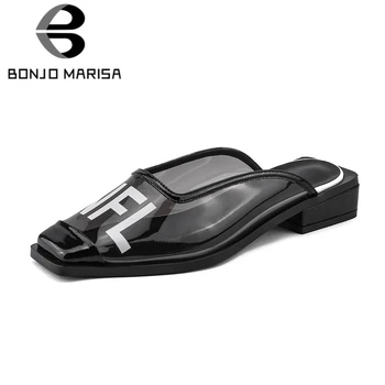 

BONJOMARISA 2020 New Summer Transparant EVA & Patent Cow Leather Slippers Women Brand Letters Square Toe Shoes Woman