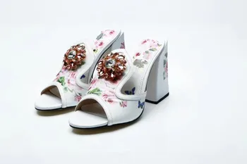 

Women's High quality sheepskin leather rhinestone peep toe high heels shoes summer floral print high-heeled sandals BY616