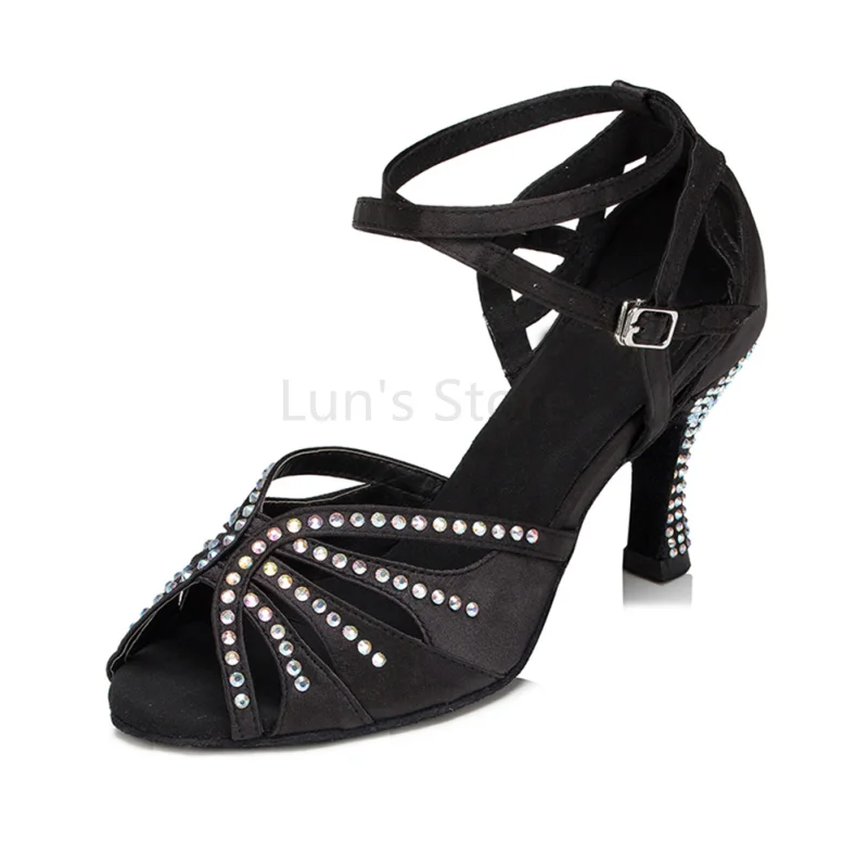 

New Ladies Girls Black Satin Rhinestone Salsa Ballroom Dance Shoes Latin Dance Shoes Mambo Dancing Shoes