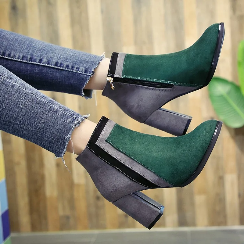 

Botas mujer 2018 newest mixed color ankle boots women thick high heels Chelsea boots ladies patchwork winter martin boots