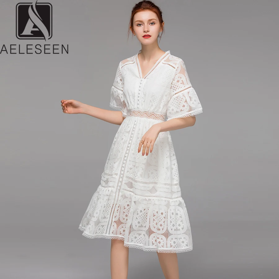 

AELESEEN Luxury High Street Design Midi Dresses Women Summer 2019 Good Quality Lace Flare Sleeve Hollow Out Elegant A-Line Dress