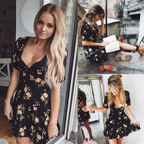 Womens V-Neck Boho Floral Chiffon Summer Wrap Bandge Party Evening Beach Short Mini Dresses Sundress