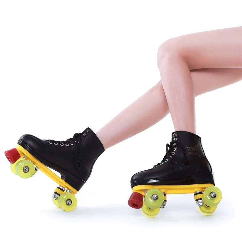 جلد طبيعي زلاجات دوارة مزدوجة خط Patines الرجال النساء نماذج الكبار مع سباق 4 بو عجلات اثنين خط الأسطوانة أحذية التزلج